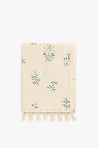 Nappe coton brodée motifs floraux style coréen pompons