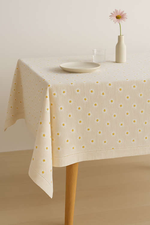 Nappe coton brodée marguerites style coréen table cuisine - vue 2 sur 2