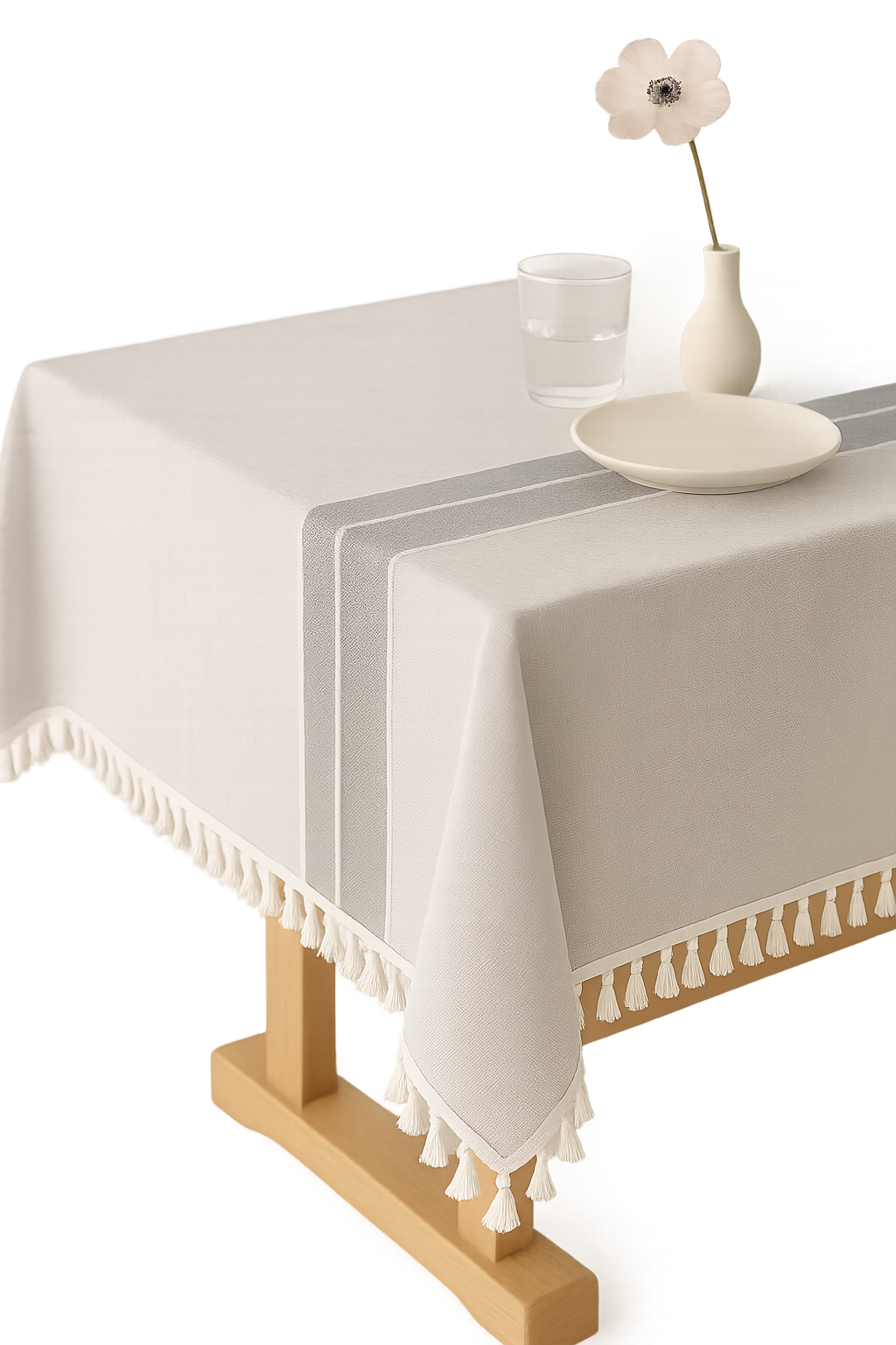 Nappe coton lin imperméable style champêtre rayures pompons