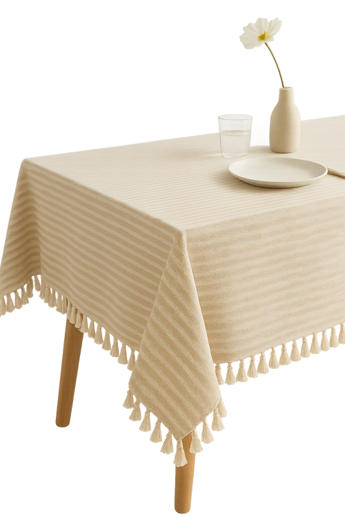 Nappe coton lin rayures pompons style moderne table