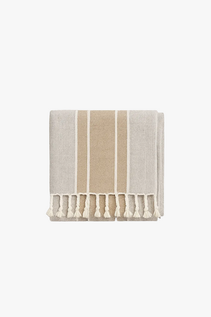 Nappe coton polyester imperméable style champêtre rayures pompons