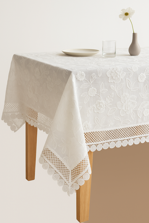 Nappe dentelle brodée style pastoral motif floral coton - vue 2 sur 2