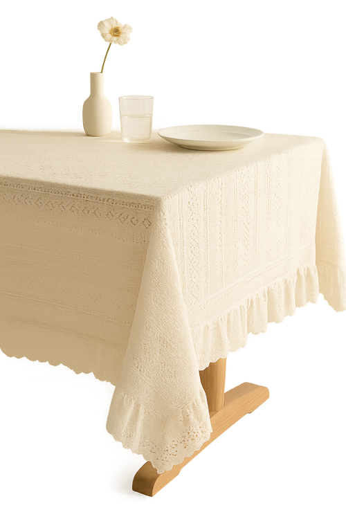 Nappe jacquard vintage bordure dentelle style nordique repas - vue 2 sur 2