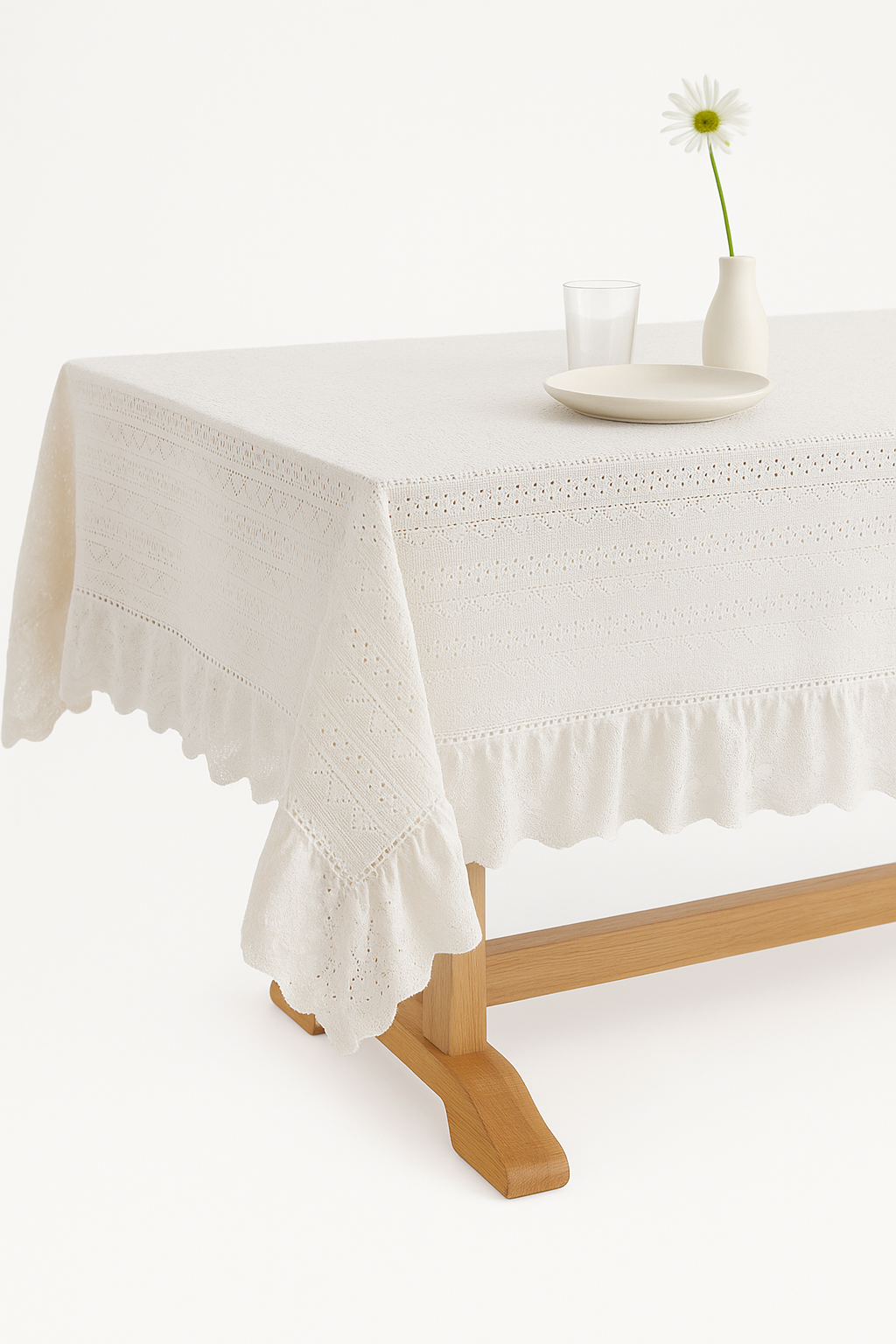Nappe jacquard vintage bordure dentelle style nordique table - vue 3 sur 2