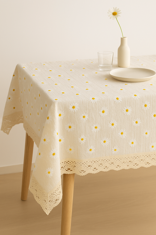 Nappe style champetre dentelle marguerite pompons table salle