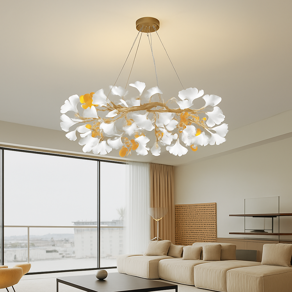 Nordique feuille de gingko LED lustre moderne cuisine salon chambre salle à manger rond intérieur loft plafond suspension - vue 5 sur 17