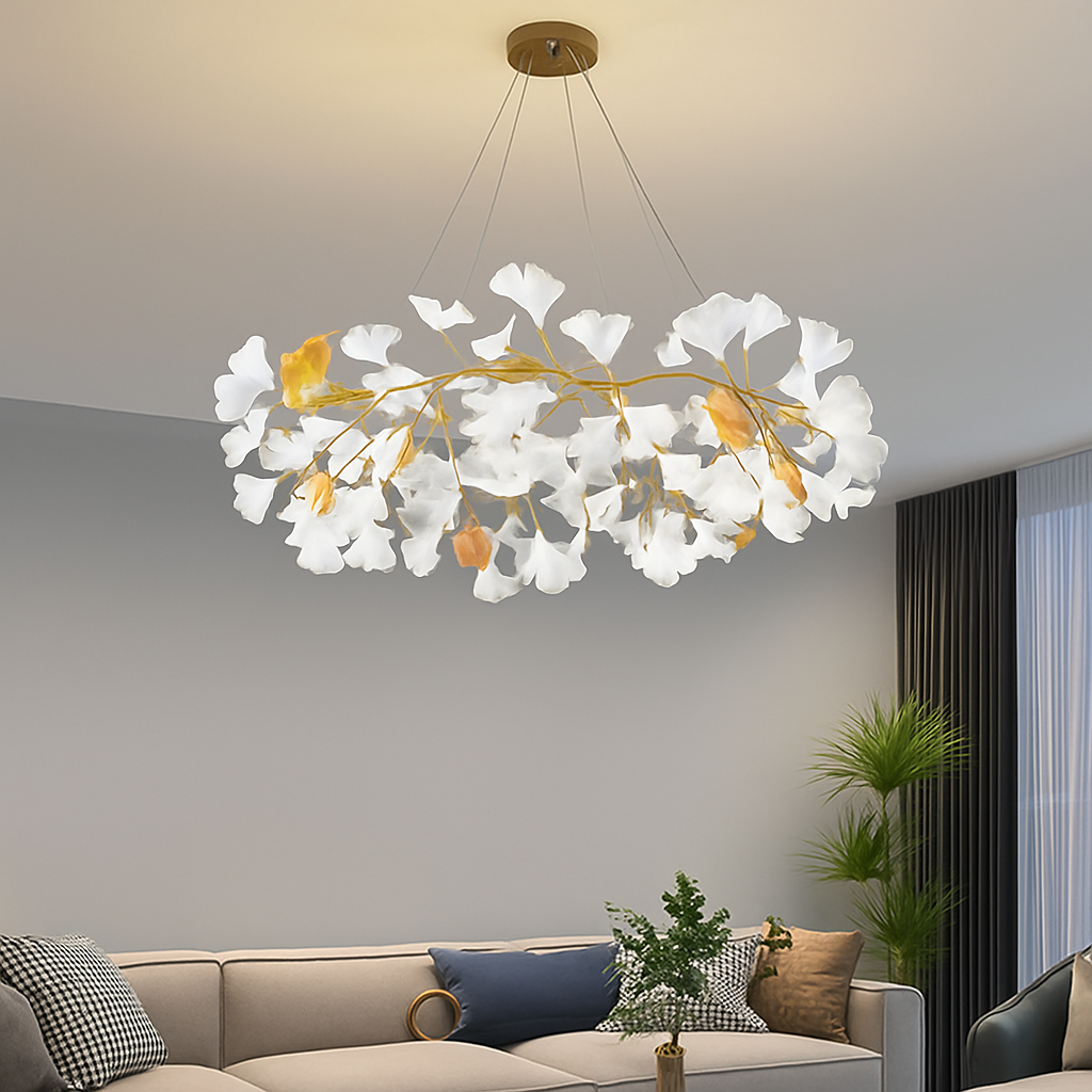 Nordique feuille de gingko LED lustre moderne cuisine salon chambre salle à manger rond intérieur loft plafond suspension - vue 7 sur 17