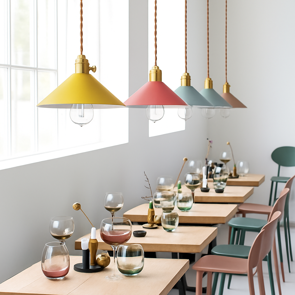 Nordic macaron colourful LED pendant light, simple wrought iron for living room and bedroom - vue 7 sur 14