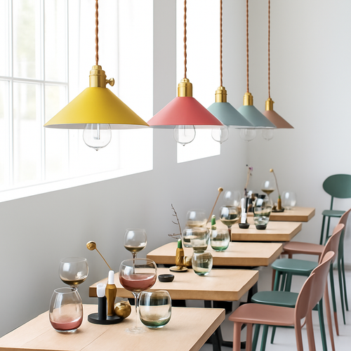 Nordic macaron colourful LED pendant light, simple wrought iron for living room and bedroom - vue 8 sur 14
