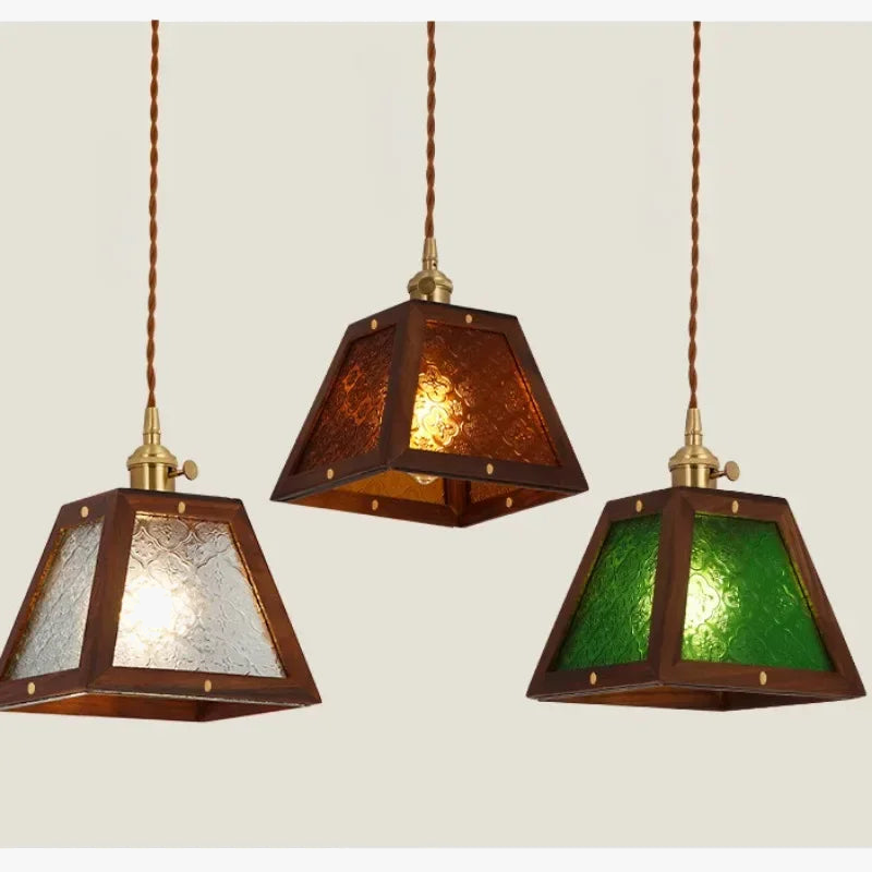 Noyer Vintage Suspension Vieux Shanghai Motif Coloré Haitang Verre Bois Massif Chevet Chambre Bar Table Restaurant Lampe