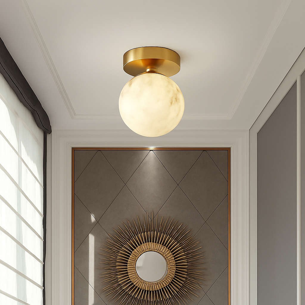 Plafonnier Boule de marbre lumière d'entrée Led luxe en laiton doré petit carré toilettes chambre balcon allée Luminaire - vue 4 sur 8