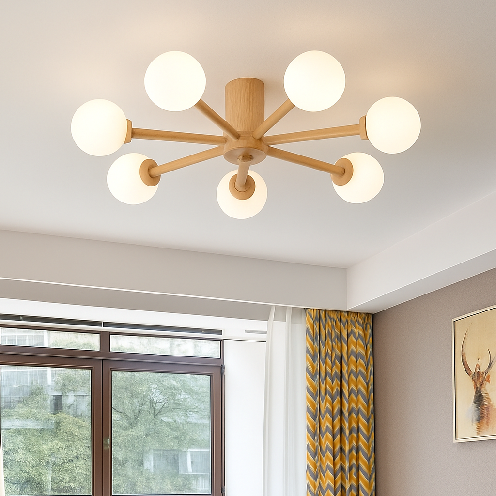 plafonnier en bois avec abat-jour boule de verre design moderne - vue 3 sur 13