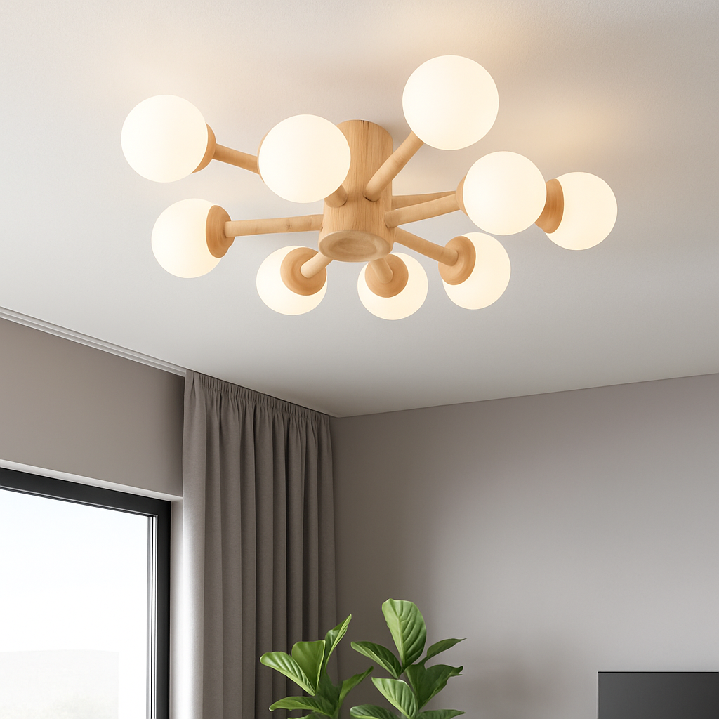 plafonnier en bois avec abat-jour boule de verre design moderne - vue 4 sur 13