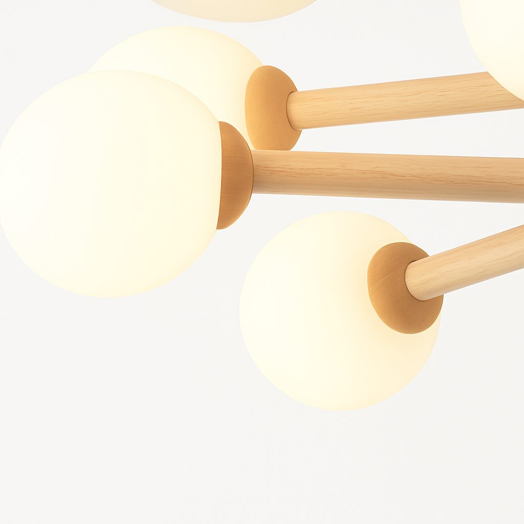 plafonnier en bois avec abat-jour boule de verre design moderne - vue 6 sur 13