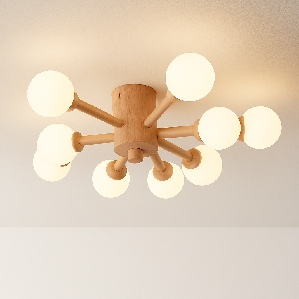 plafonnier en bois avec abat-jour boule de verre design moderne - vue 2 sur 13