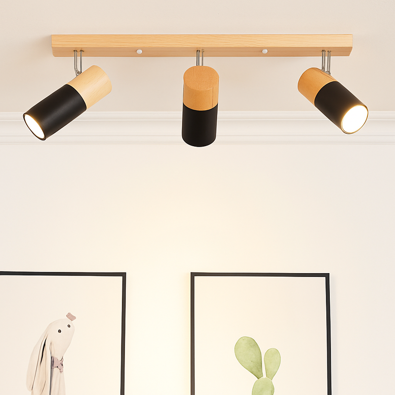 plafonnier en bois nordique avec spot rotatif et réglable