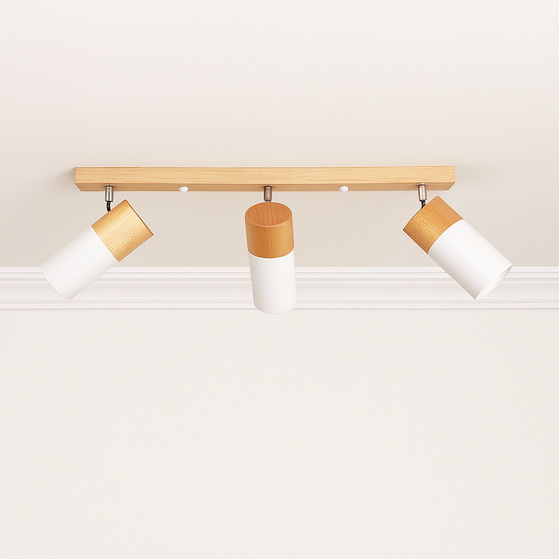 plafonnier en bois nordique avec spot rotatif et réglable