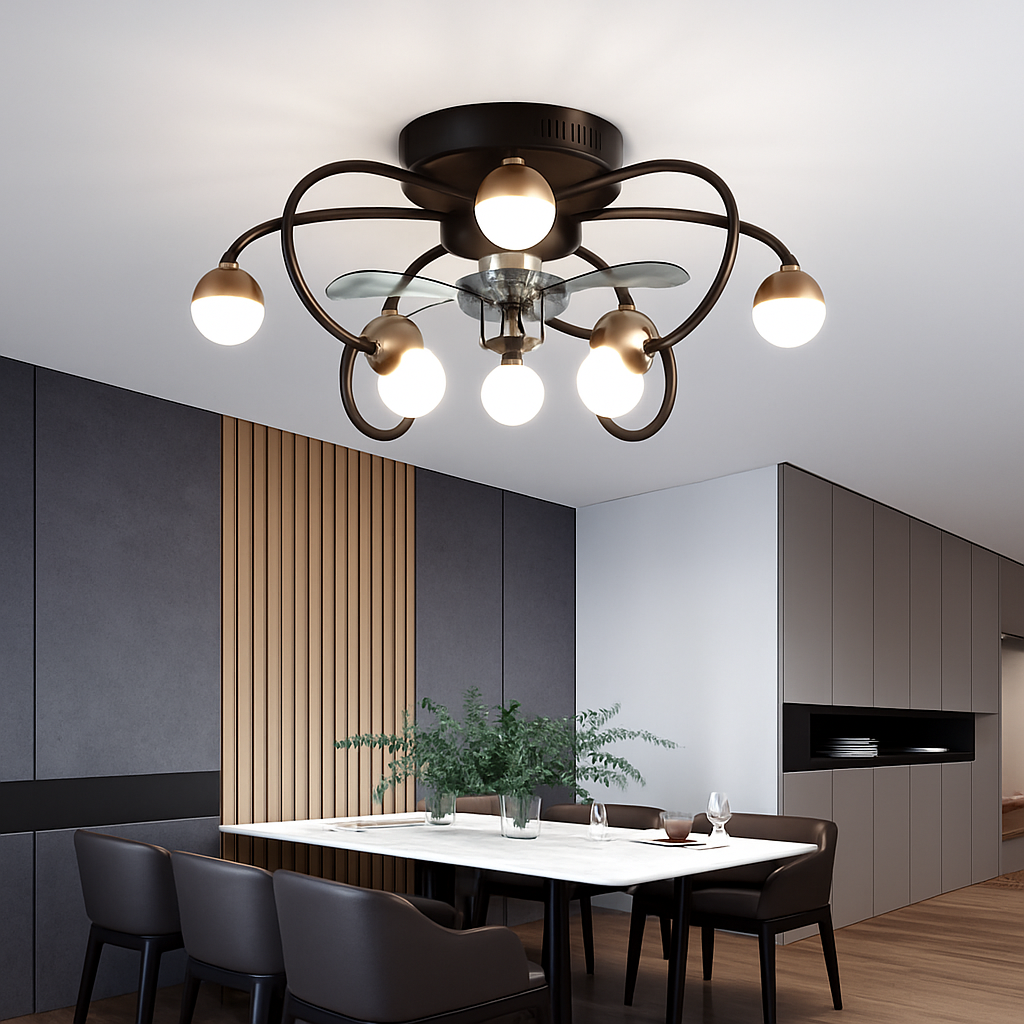 Minimalist LED glass ball ceiling light with integrated fan