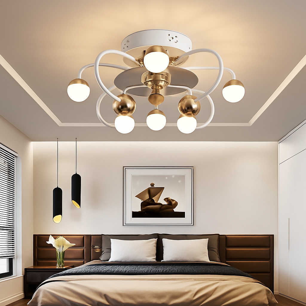 Minimalist LED glass ball ceiling light with integrated fan - vue 4 sur 9