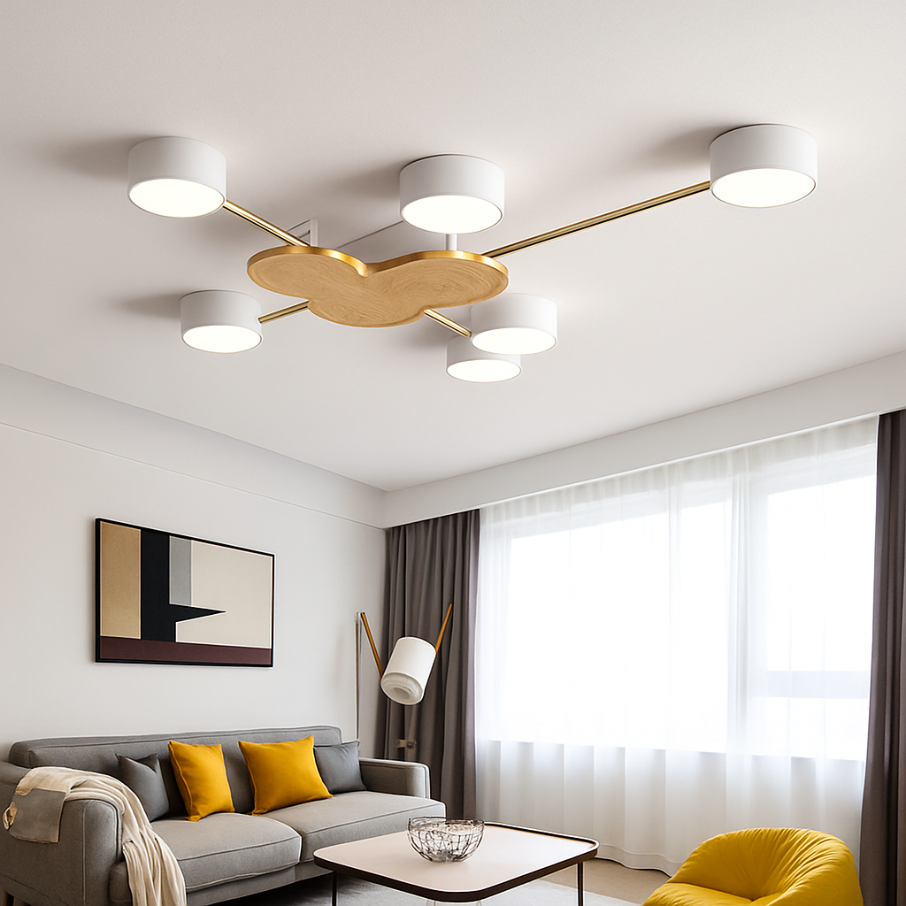 Plafonnier LED design en métal et bois avec plusieurs lampes rondes Aibiou - vue 4 sur 12