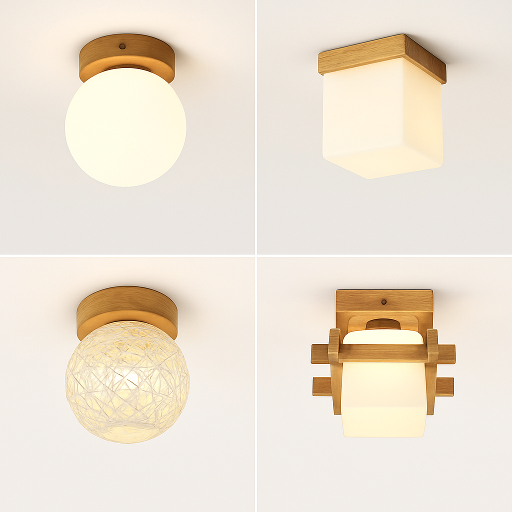 plafonnier led moderne en bois et verre laiteux décoratif - vue 3 sur 13