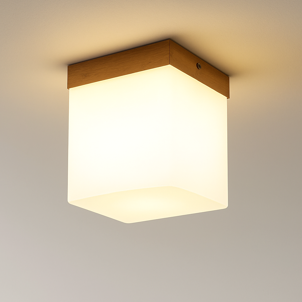 plafonnier led moderne en bois et verre laiteux décoratif - vue 4 sur 13
