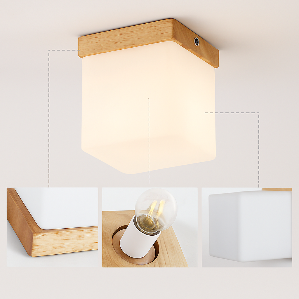plafonnier led moderne en bois et verre laiteux décoratif - vue 5 sur 13