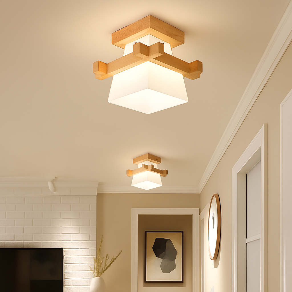 plafonnier led moderne en bois et verre laiteux décoratif - vue 6 sur 13