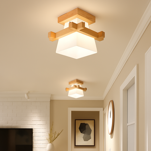 plafonnier led moderne en bois et verre laiteux décoratif