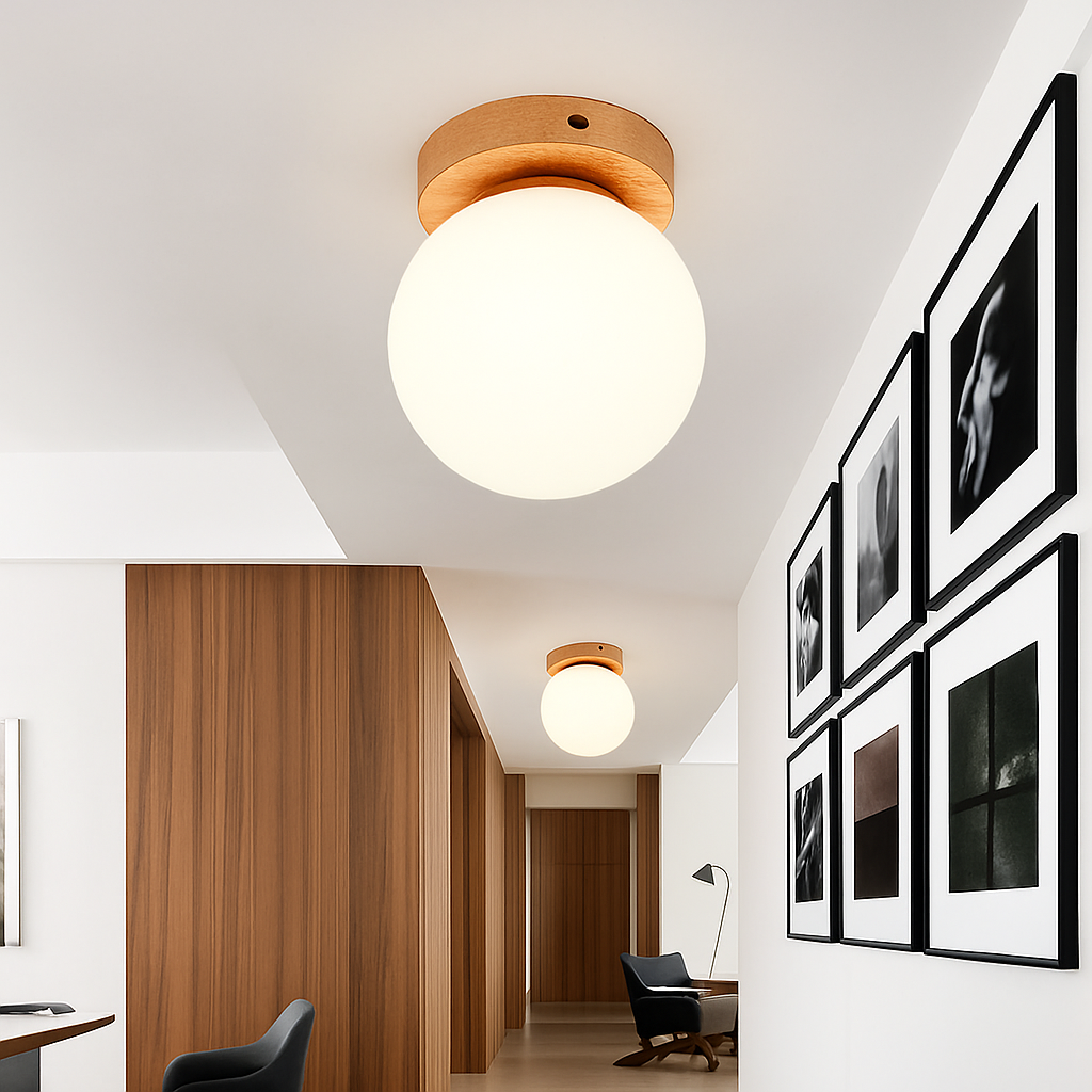 plafonnier led moderne en bois et verre laiteux décoratif - vue 7 sur 13