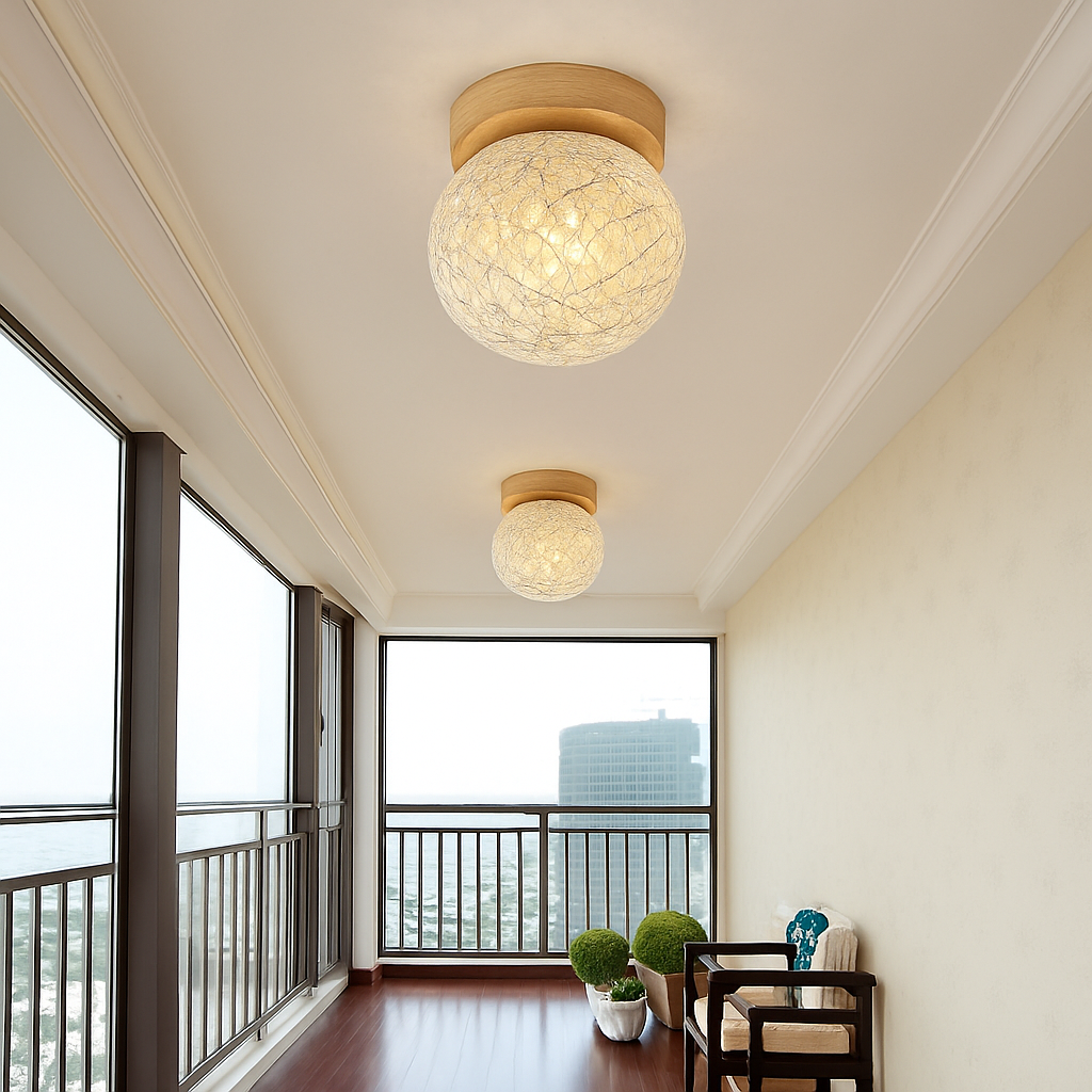 plafonnier led moderne en bois et verre laiteux décoratif - vue 8 sur 13