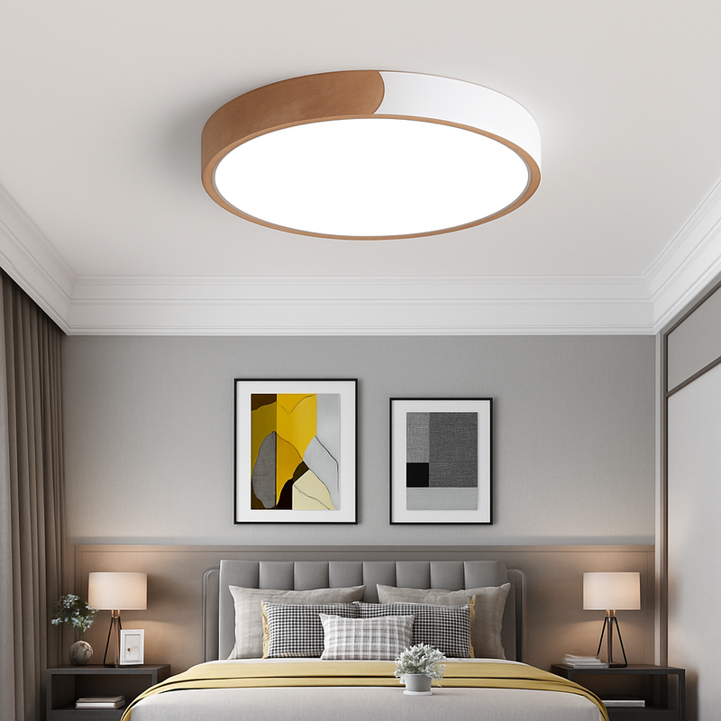 Plafonnier LED rond en métal et bois arrondi Macaron