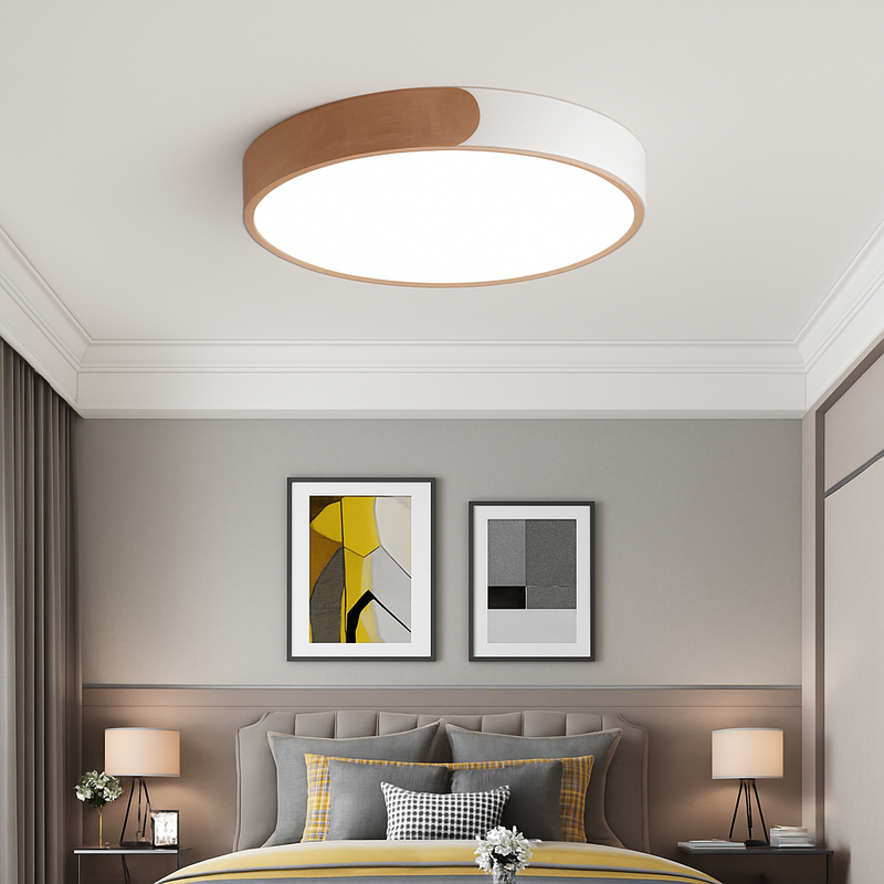 Plafonnier LED rond en métal et bois arrondi Macaron