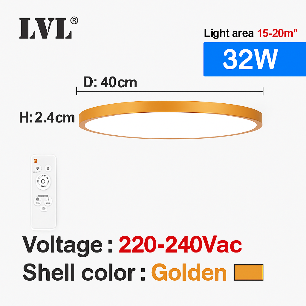 Plafonnier Led télécommandé moderne Grain de bois doré 24W 32W chambre salon cuisine salle de bains RC plafonnier à intensité variable - vue 12 sur 14