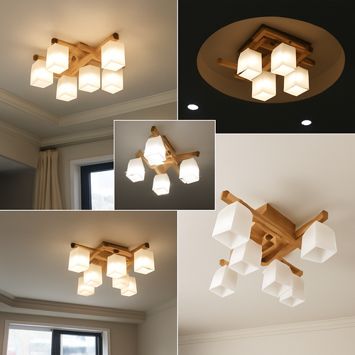 Nordic minimalist wooden LED ceiling light Japanese style - vue 4 sur 9