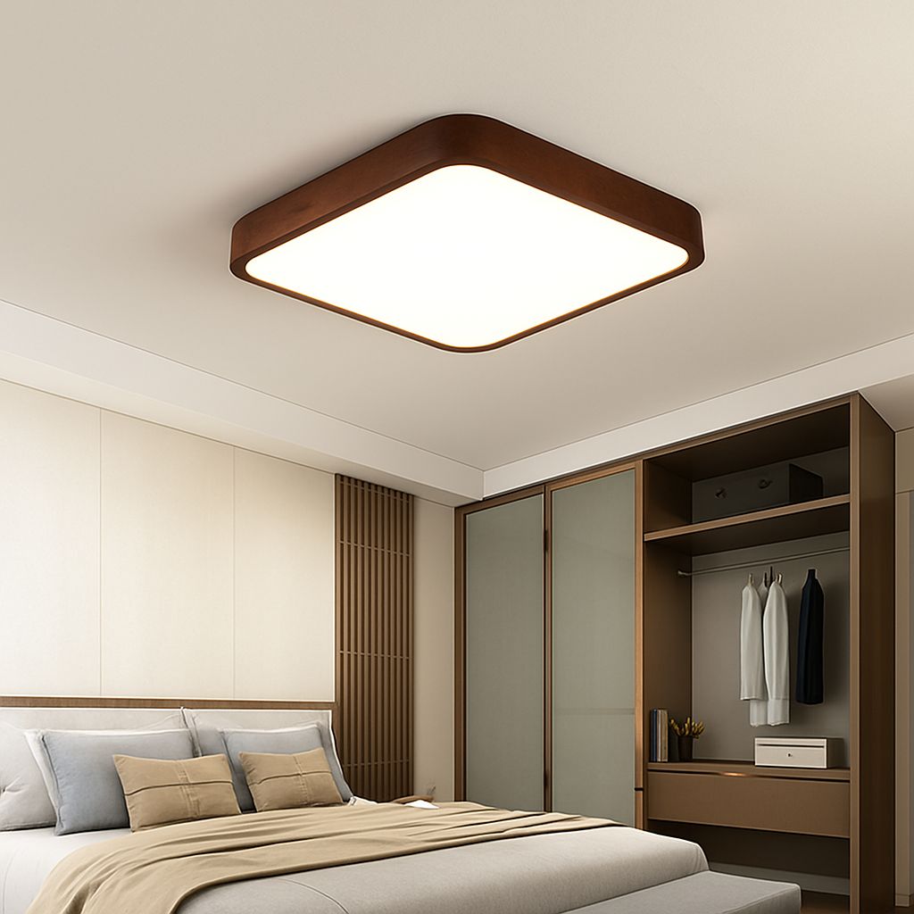 Plafonnier moderne LED en forme géométrique en bois Evelyn