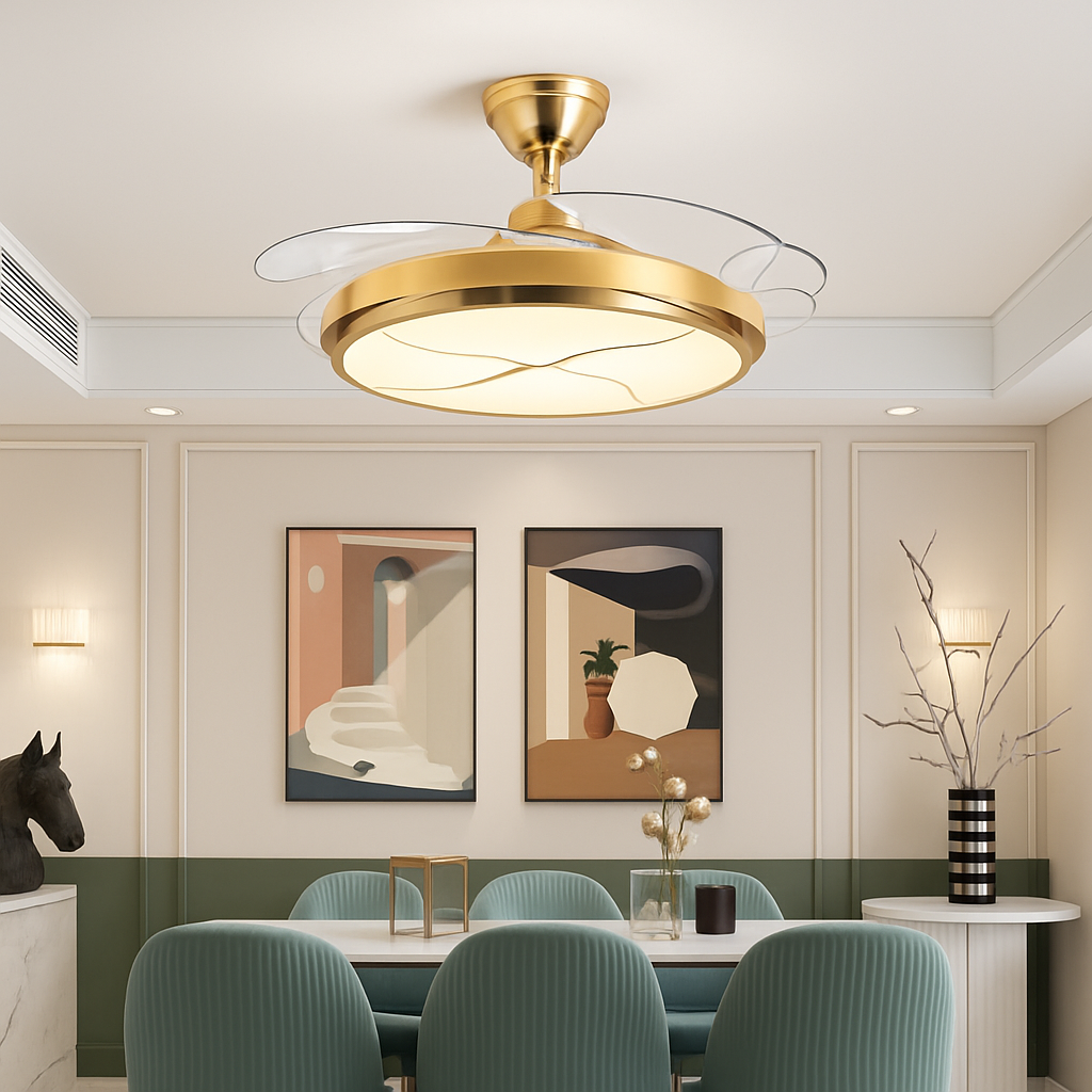 Modern silent ceiling light with integrated LED and fan