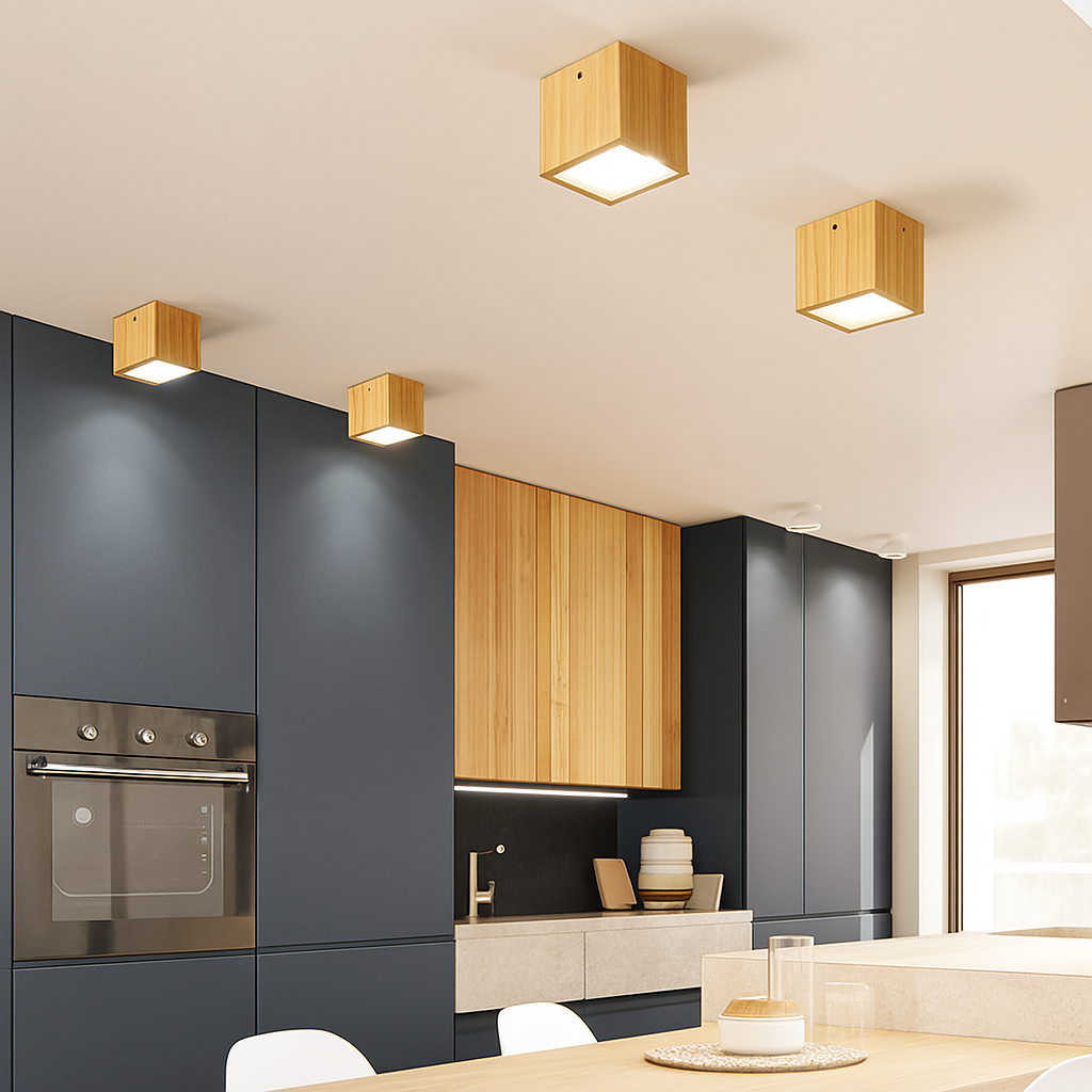 Plafonnier spot à LED cube en bois