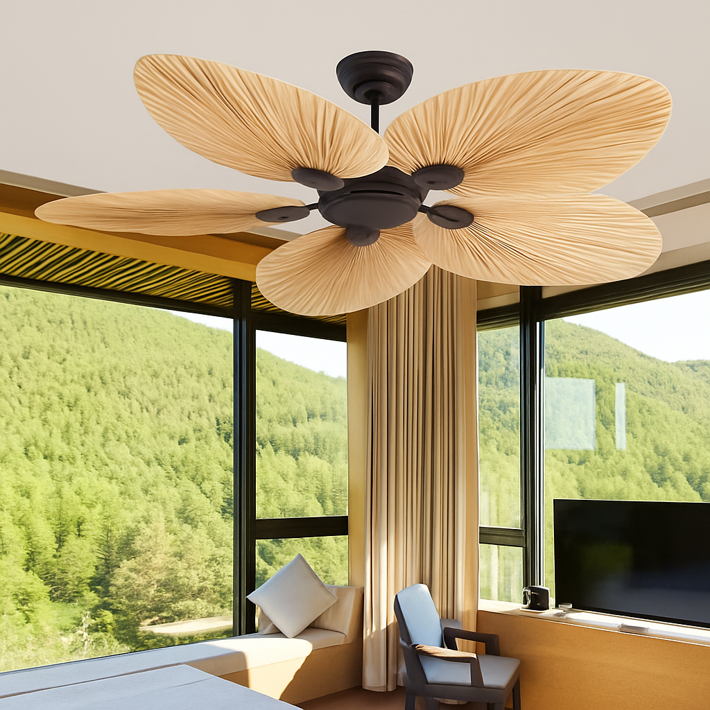 plafonnier ventilateur de plafond avec télécommande et pales en palmier naturel - vue 4 sur 7