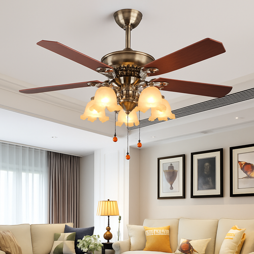 plafonnier ventilateur en bois rétro avec lumière et télécommande - vue 6 sur 7