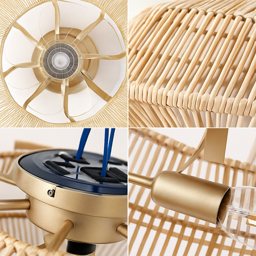 plafonnier ventilateur industriel avec lumière en bambou - vue 6 sur 7