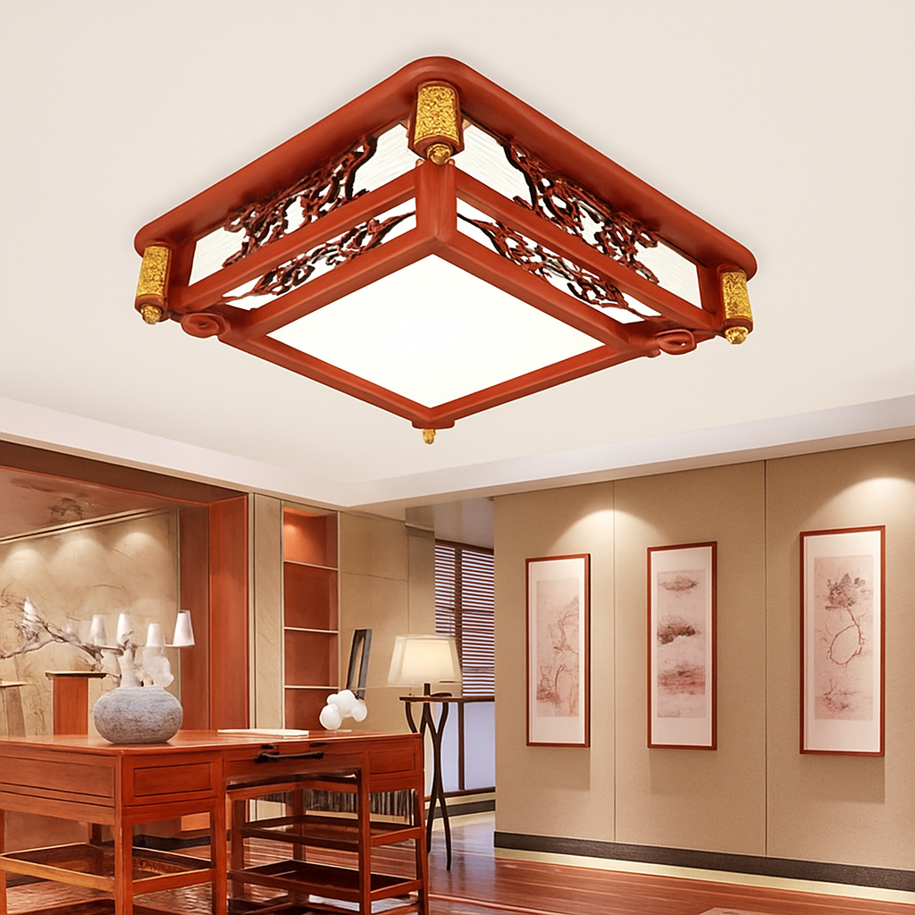 plafonnier vintage chinois en bois avec luminaire acrylique - vue 4 sur 13