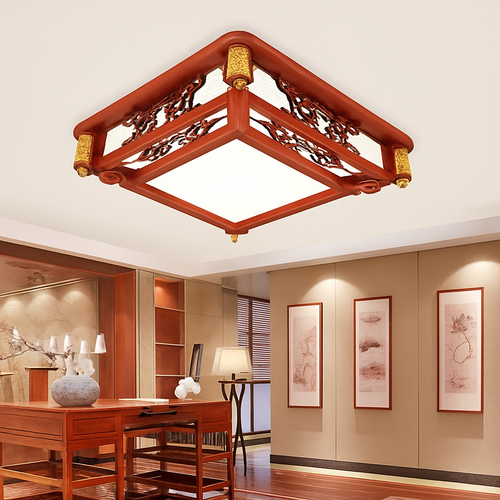 plafonnier vintage chinois en bois avec luminaire acrylique