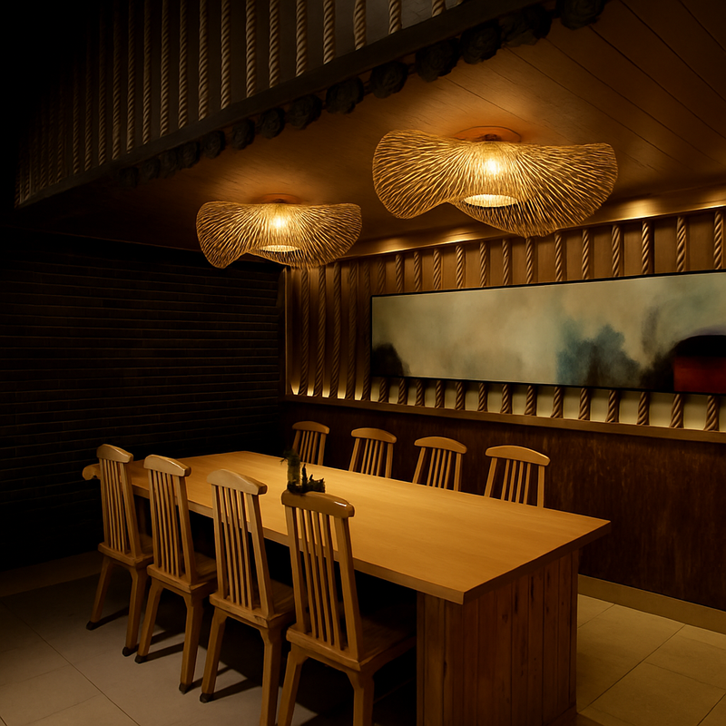 plafonnier zen en bambou tissé style sud-est asiatique