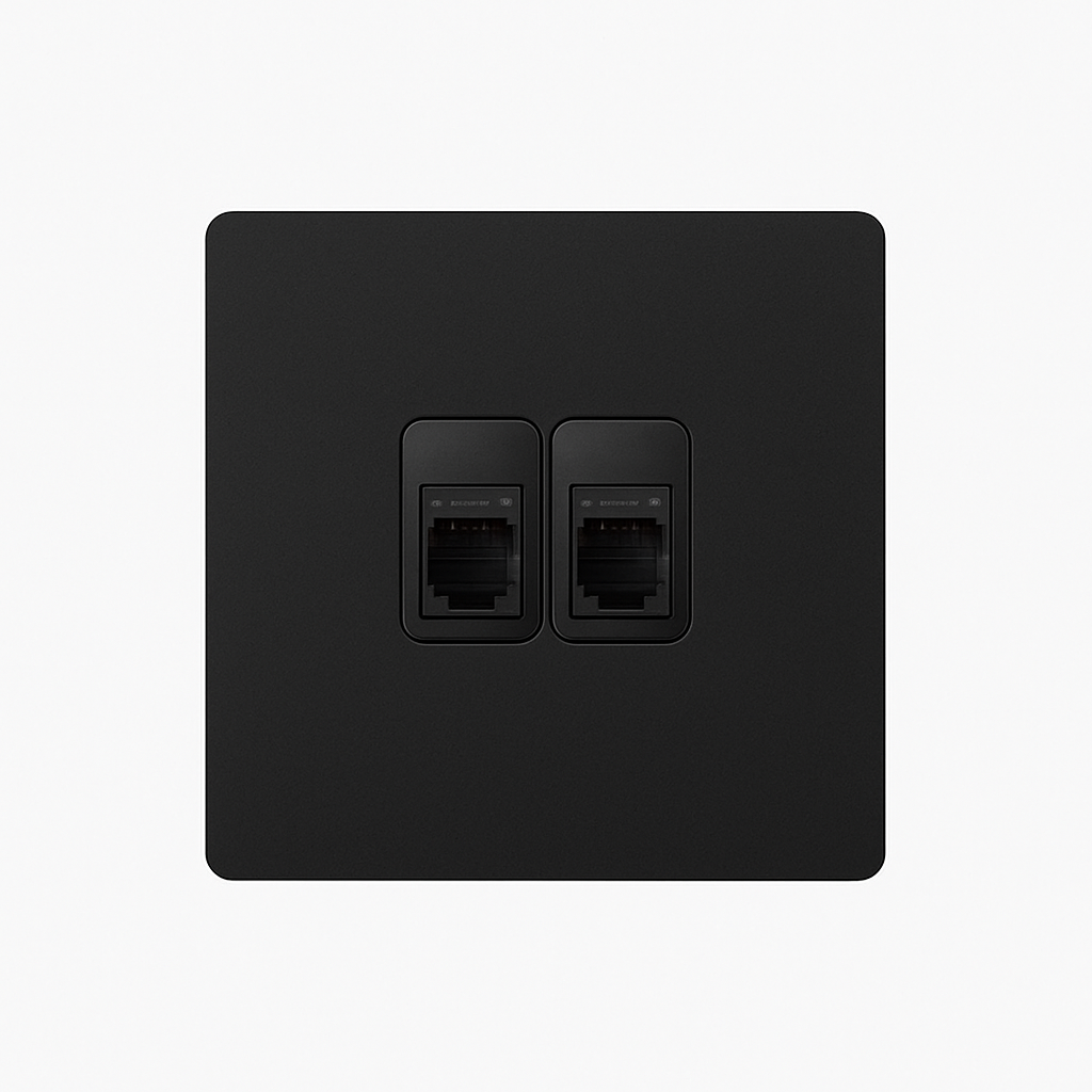 Prise double RJ45 en acier noir mat et doré bords arrondis