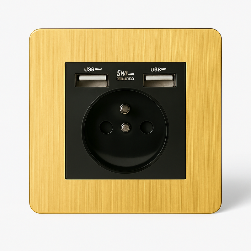 Prise électrique et double USB en acier doré brossé bords arrondis