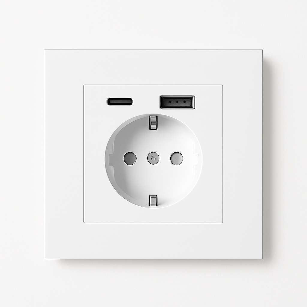 Prise électrique et double USB et USB type C en acier blanc mat