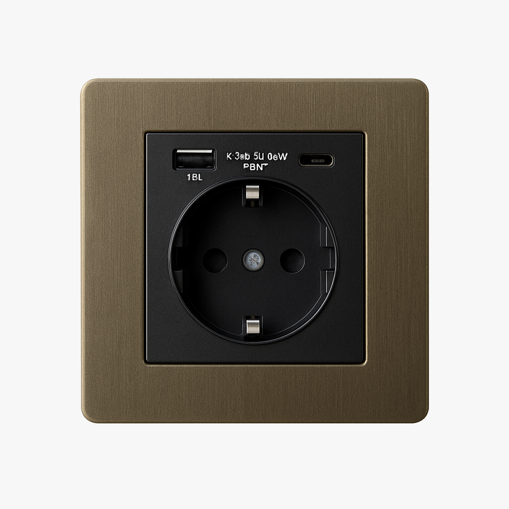Prise électrique et double USB et USB type C (Europe) en acier gris vieilli bords arrondis