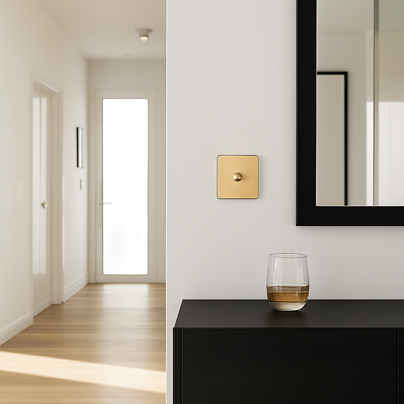 Prise électrique (Europe) en acier doré brossé et bords arrondis