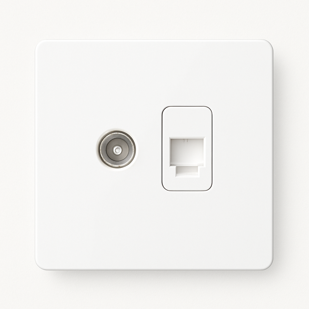Prise TV et RJ45 en acier blanc mat bords arrondis